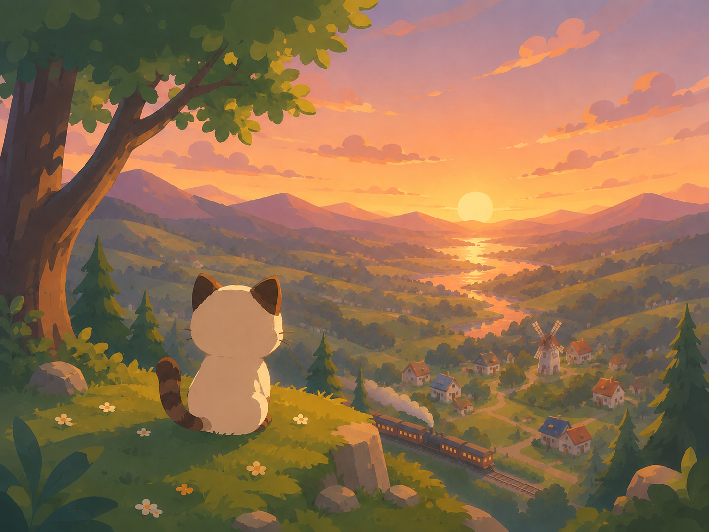 夕暮れの村を眺めるKitty Popの猫
